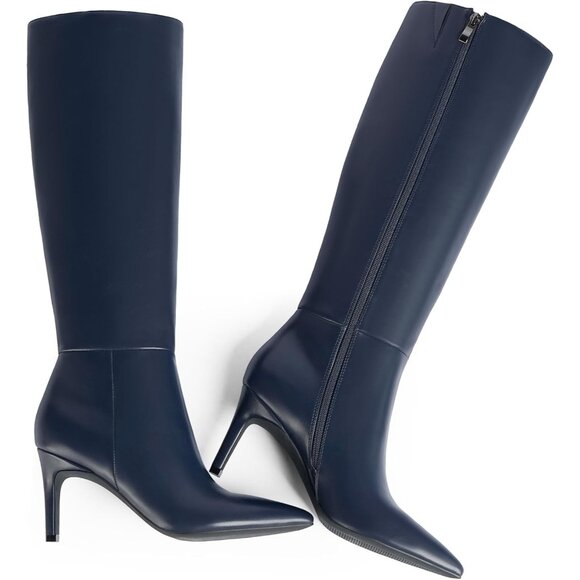 Women Blue Faux Leather Pointed Toe Tall  Stiletto High Heel Zipper Dress Boot - Picture 3 of 7